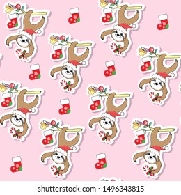 Funny christmas sloth on a pink background seamless pattern