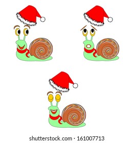 Funny Christmas snails with different facial expressions. Vector-art illustration