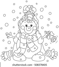 Funny Christmas snowman friendly smiling and ringing a small bell, wearing a scarf, a cap and mittens
