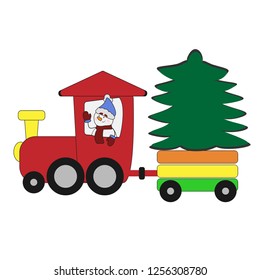 Funny Christmas snowman on a locomotive with a christmas tree, illustration of the animated retrocartoon
