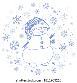 Funny Christmas snowman and snowflakes. Hand drawn vector illustration.