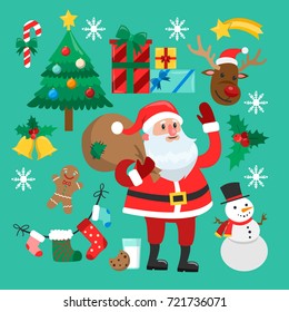 Funny Christmas stickers. Santa with bag of gifts, snowman and xmas tree, raindeer and gingerbread.