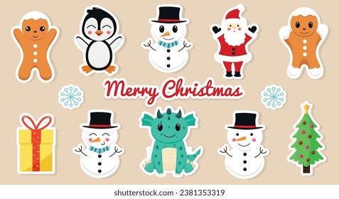 Funny Christmas stickers. Santa Claus, Christmas tree, gifts, snowmen, dragon, penguin, snowflakes, gingerbread in a trendy cartoon style. Cartoon characters and elements.