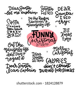 Funny Christmas Stickers Set for sarcastic social media content. Vector hand drawn lettering quotes. Trendy style for poster, t shirt print, post card, video blog cover.