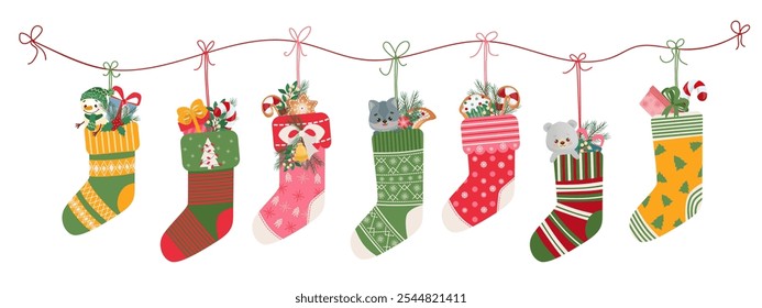 Funny Christmas Stocking Collection. Gifts, Toys, Fir Branches and Sweets. Holiday Decor. Vector Illustration for Cards, Posters.