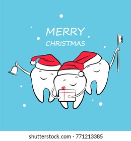 Funny Christmas teeth in a Santa hat with a bell, gift and toothbrush. Vector illustration.