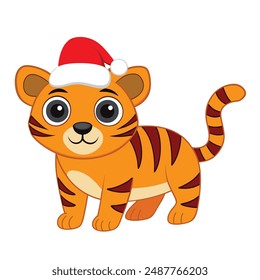 Funny Christmas Tiger with Santa Claus Hat