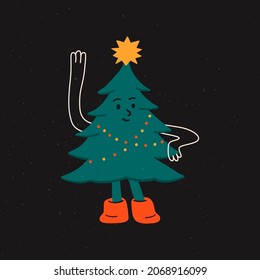 Divertido árbol de Navidad. Resumen del lindo personaje de caricatura. Árbol dibujado a mano con piernas, manos, guirnalda. Ilustración del vector