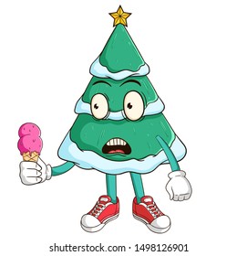 Funny of christmas tree cartoon character holding a melted ice cream