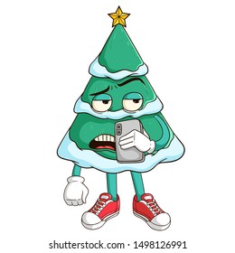 Funny christmas tree cartoon character calling someone