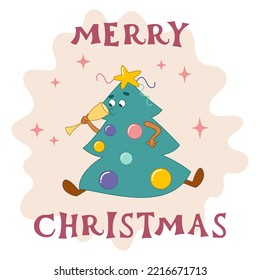 Funny Christmas tree character drinks champagne. Cartoon style. Merry Christmas. Vector illustration.