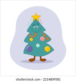 Funny Christmas tree character with a face and emotions. Cartoon-style. Vector illustration.