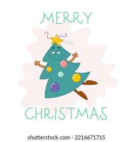 Funny Christmas tree character with a face and emotions. Cartoon-style. Merry Christmas. Vector illustration.