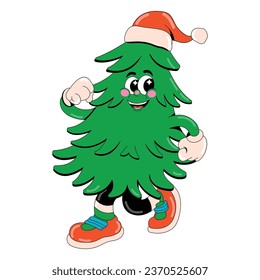 Funny Christmas tree character in retro cartoon style. 60s-80s vector illustration. Merry Christmas and Happy New Year.