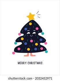 Funny Christmas tree characters with cute face emotion. Cartoon style. Merry Christmas, New year concept. Trees with legs, garland with lights. Hand drawn Vector illustration.