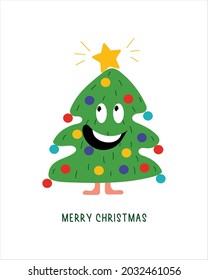 Funny Christmas Tree Characters With Cute Face Emotion. Cartoon Style. Merry Christmas, New Year Concept. Trees With Legs, Garland With Lights. Hand Drawn Vector Illustration.