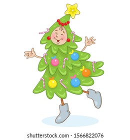 A funny Christmas tree decorated with glass balls is dancing. In cartoon style isolated on white background. Vector illustration.