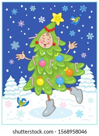 A funny Christmas tree decorated with glass balls and gold star is dancing on the night glade. In cartoon style.  Vector illustration.