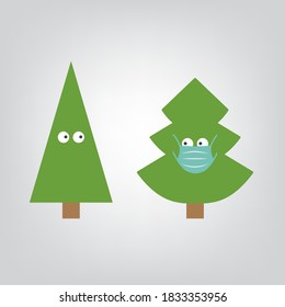 funny christmas tree with face mask, christmas celebration during coronavirus pandemic, protective measures- vector illustration