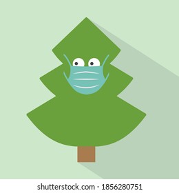 funny christmas tree with face mask, christmas celebration during coronavirus pandemic, protective measures- vector illustration