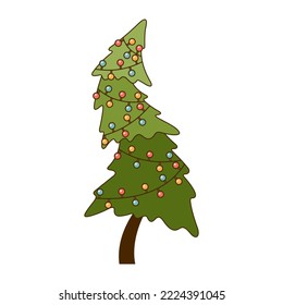 Funny Christmas tree with garland isolated on white background.