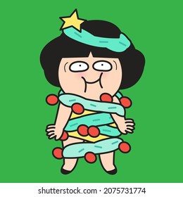 Funny Christmas Tree Lady Concept Card Character illustration