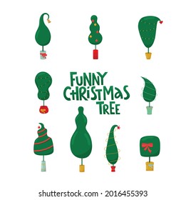 Funny Christmas tree lettering sign and Grinch tree  Vector stock illustration isolated white background for template design Christmas sale  greeting card  invitation  EPS10