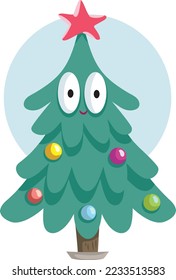 
Funny Christmas Tree Mascot Vector Cartoon Illustration. Xmas symbol funny character on greetings card design
