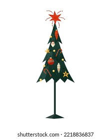 Fantastischer Weihnachtsbaum mit Ornamenten, Vektorsymbol einzeln. Weihnachtsbaum mit festlicher Stilisierung, Weihnachtsbälle-Design-Element-Illustration. Vintage-Stil Neujahrsfest-Einladung Hintergrund
