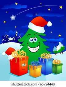 Funny Christmas tree surrounded by gifts, vector