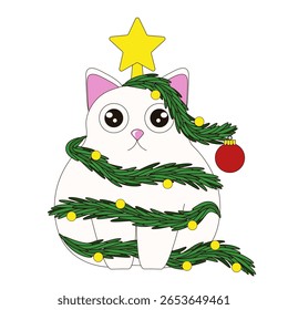 Funny Christmas Tree. Vector illustration of funny cat wrap in Christmas branch isolated transparent background. Perfect design for Christmas greeting card poster banner cover layout. EPS 10