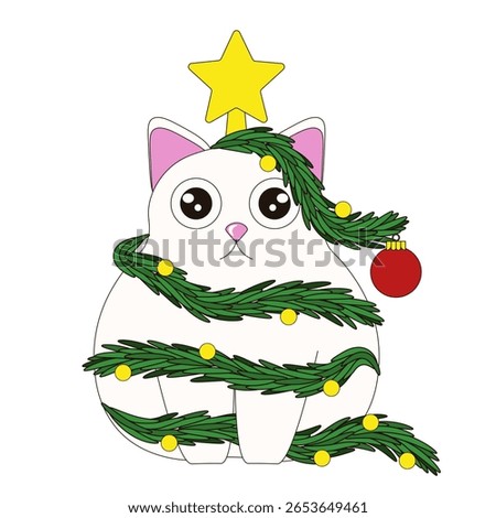 Funny Christmas Tree. Vector illustration of funny cat wrap in Christmas branch isolated transparent background. Perfect design for Christmas greeting card poster banner cover layout. EPS 10
