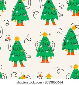 Divertidos árboles de Navidad aislados. Personajes con caras sonrientes. Estilo de caricatura. Feliz Navidad, concepto de Año Nuevo. Árboles con manos, piernas, guirnaldas con luces. Patrón sin fisuras del vector dibujado a mano
