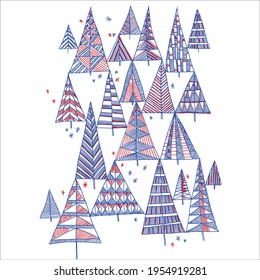 Funny Christmas trees hand drawn pattern for card, header, invitation, poster, social media, post publication. New Year and winter holiday concept vector forest.