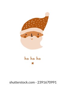 Funny Christmas Vector Card. Hand Drawn Santa Claus and Handwritten "Ho Ho Ho" Isolated on a White Background. Infantile Style Christmas Illustration with Crayon Drawing-Like Head of Santa. RGB.
