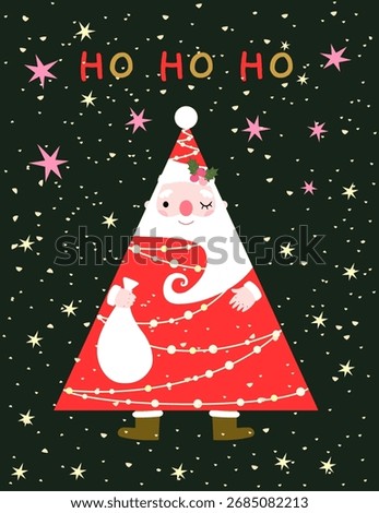 Funny Christmas vector card with Santa Claus in the shape of a Christmas tree with lights and stars for secret Santa designs