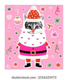 Funny Christmas vector greeting card with Santa Claus cat, Cute collage kitty with mustache and beard