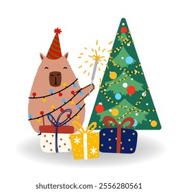 Funny Christmas Vector illustration. Capybara, gift box, Christmas tree in flat style, isolated for designs banner, cover, advertisement, greeting card. Concept of Christmas and New Year