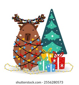 Funny Christmas Vector illustration. Capybara, gift box, Christmas tree in flat style, isolated for designs banner, cover, advertisement, greeting card. Concept of Christmas and New Year