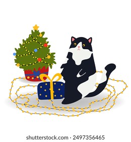 Funny Christmas Vector illustration. Cat, gift box, Christmas tree, Santa Claus in flat style, isolated for holiday designs banner, cover, advertisement, greeting card. Christmas and New Year Concept