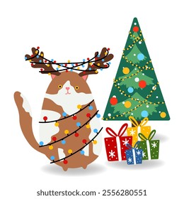 Funny Christmas Vector illustration. Cat, gift box, Christmas tree, Santa Claus in flat style, isolated for holiday designs banner, cover, advertisement, greeting card. Concept Christmas and New Year