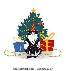 Funny Christmas Vector illustration. Cat, gift box, Christmas tree, Santa Claus in flat style, isolated for holiday designs banner, cover, advertisement, greeting card. Concept Christmas and New Year