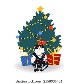 Funny Christmas Vector illustration. Cat, gift box, Christmas tree, Santa Claus in flat style, isolated for holiday designs banner, cover, advertisement, greeting card. Concept Christmas and New Yea