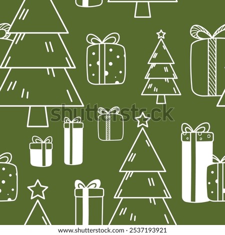 Funny Christmas vector seamless pattern. Gifts under tree. Many ribbon tied boxes, big fir signs. New Year celebration art. Hand drawn outline holiday doodle icons set. Cute cartoon winter background