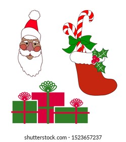 Funny Christmas vector set Santa Claus in red hat candy sticks gift boxes and festive decorations holly berries isolated illustration