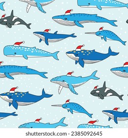 funny Christmas whale doodle seamless pattern blue background