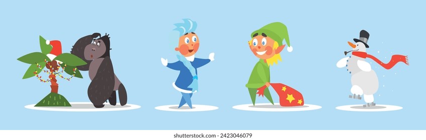Funny Christmas and Winter Holiday Characters Vector Set