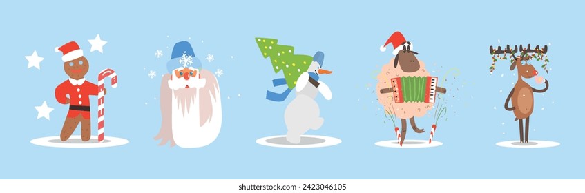 Funny Christmas and Winter Holiday Characters Vector Set