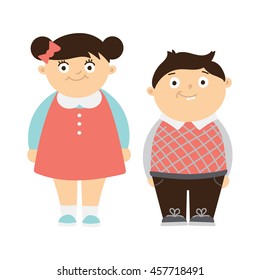 Funny chubby children on white background. Cute boy and girl smiling. Kids with bellies.