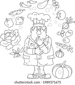 Funny chubby cook in a chef hat thinking about an original tasty soup with fresh vegetables and spices from a kitchen garden, black and white outline vector cartoon illustration for a coloring book